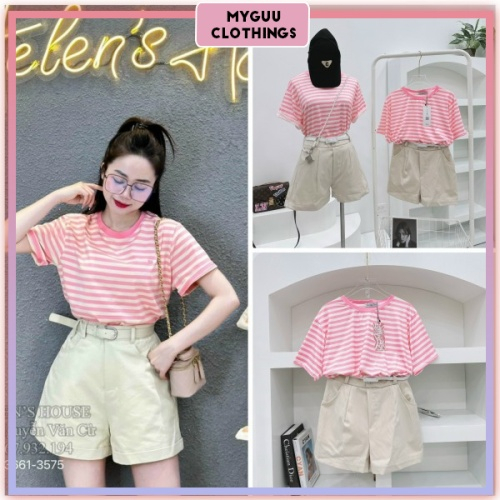 Set Đồ Nữ, Bộ Đồ Nữ Cap Cấp, Quần Short Có Túi Kèm Đai Mix Áo Thun Cotton Co Giãn Kẻ Hồng - HP06