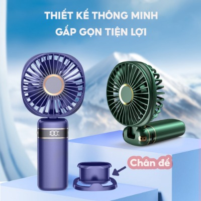 Quạt mini cầm tay, quạt tích điện gấp gọn 5 tốc độ gió xoay linh hoạt 90 độ có dây đeo cổ pin lớn 10.000mAh, có đế