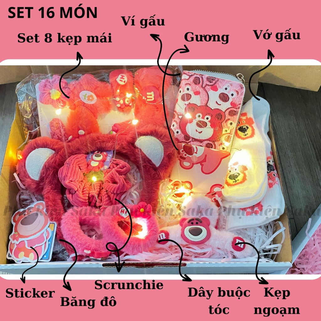 Set Quà Tặng Sinh Nhật Bạn Gái/ Nữ/ Người Yêu/ Bạn Thân Gấu Dâu Lotso 16 Món Giá Rẻ Có Hộp Saka