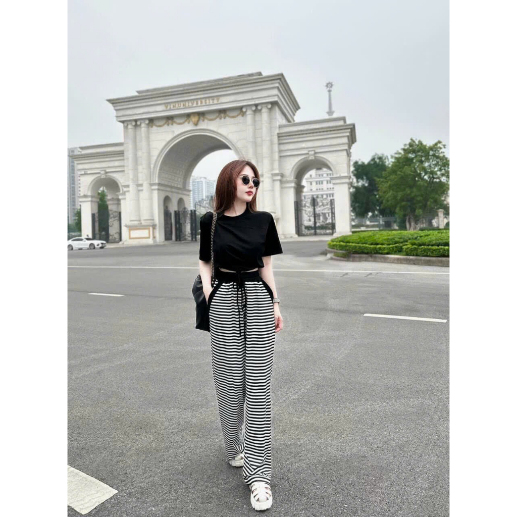 [6.6 Sales Freeship] Set bộ thun basic mặc hè, set áo thun đen trơn croptop rút dây mix quần suông dài kẻ sọc cá tính
