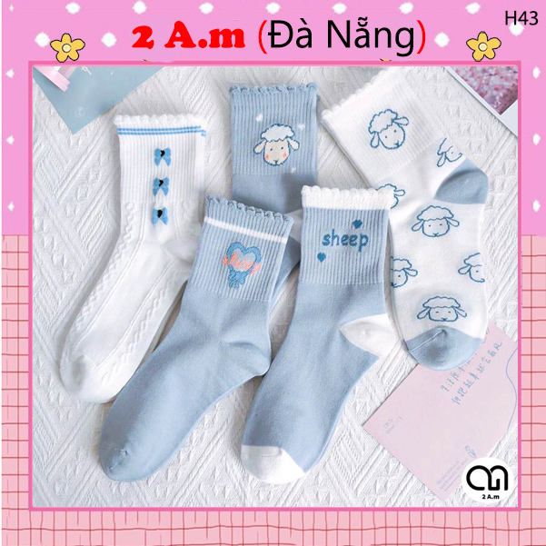 Tất Vớ Nữ Cổ Cao Màu Xanh Thêu Họa Tiết Hàn Quốc Dễ Thương Chất Liệu Cotton Cao Cấp