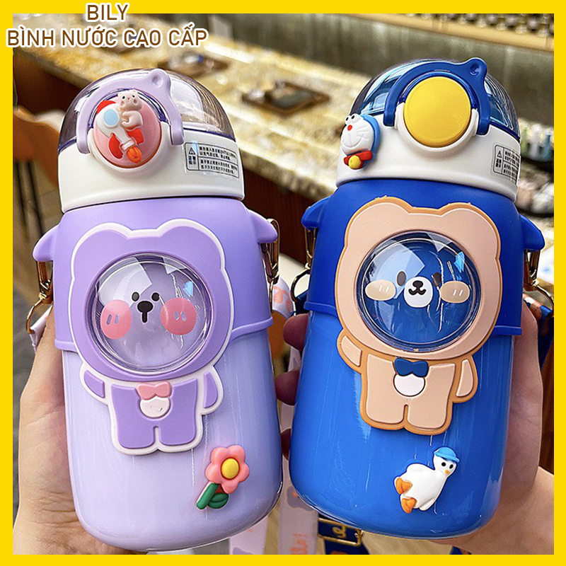 Bình giữ nhiệt 600ml INOX 316 hình gấu cute, Bình nước cho bé đi học có ống hút tặng kèm sticker 3D, 2D, bộ rửa bình