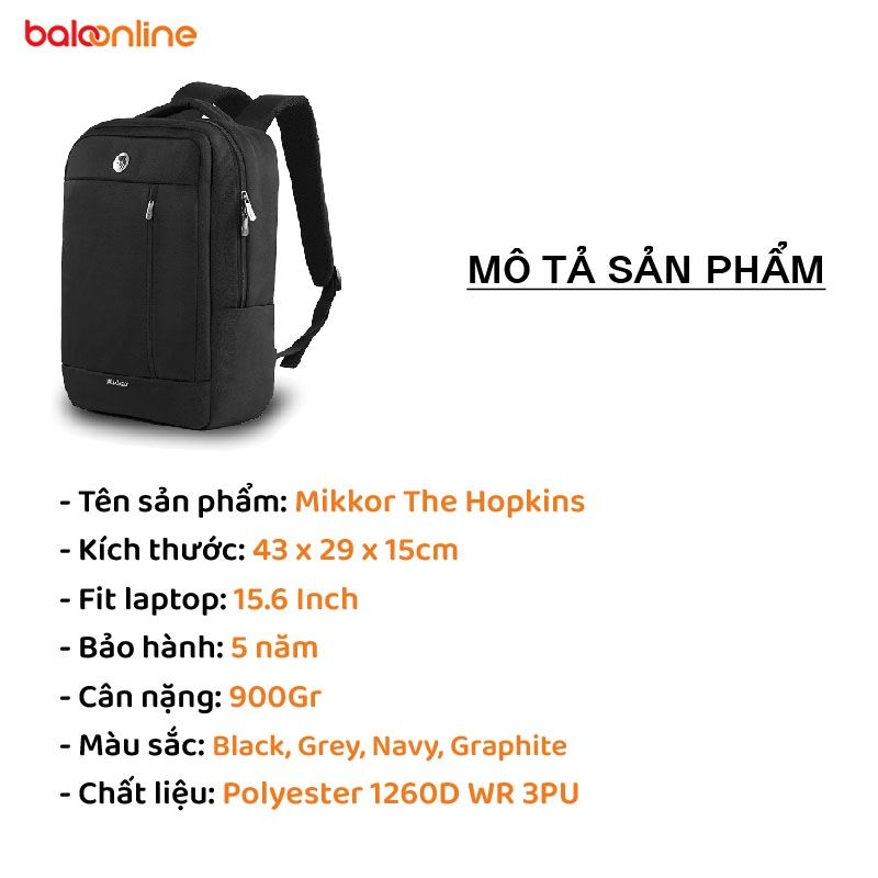 Balo Laptop 15.6 Inch Mikkor The Hopkins Thời Trang Nam Nữ Hàn Quốc Chất Liệu Chống Nước Cao Cấp