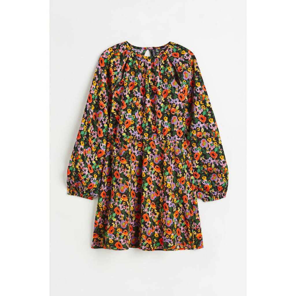 H&M Đức - Đầm ngắn chữ A cut out khoét vai tay dài hoa màu sắc sale auth cao cấp new tag chính hãng có sẵn 1100493001