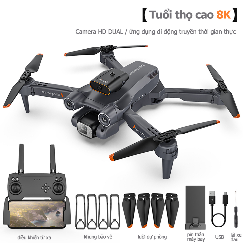 Flycam P12 Pro-Plycam điều khiển từ xa camera kép 4k, cảm biến chống va chạm trên không, pin 2500mA