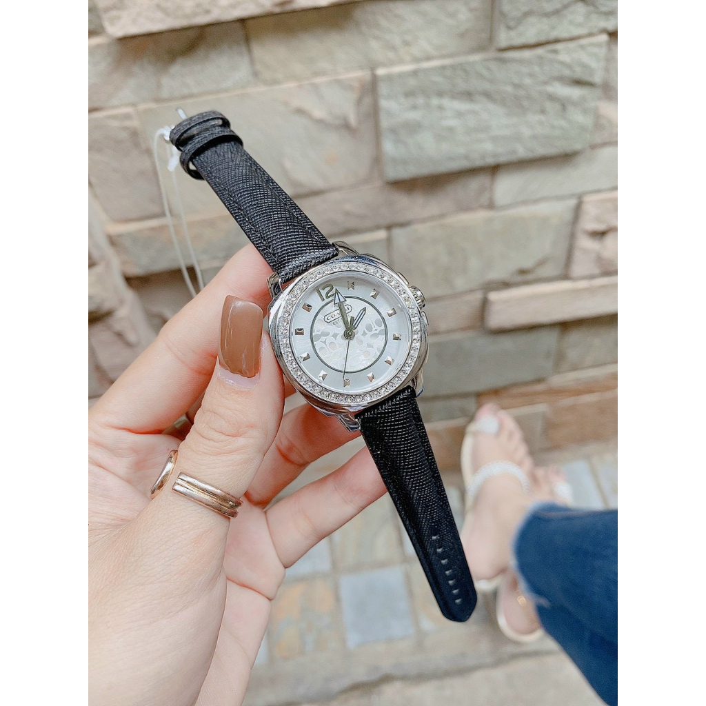 Đồng hồ nữ coach boyfriend viền hạt, dây da màu đen / trắng , size 35mm