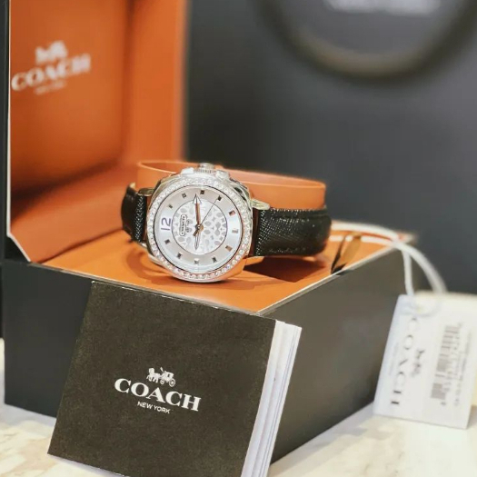 Đồng hồ nữ coach boyfriend viền hạt, dây da màu đen / trắng , size 35mm