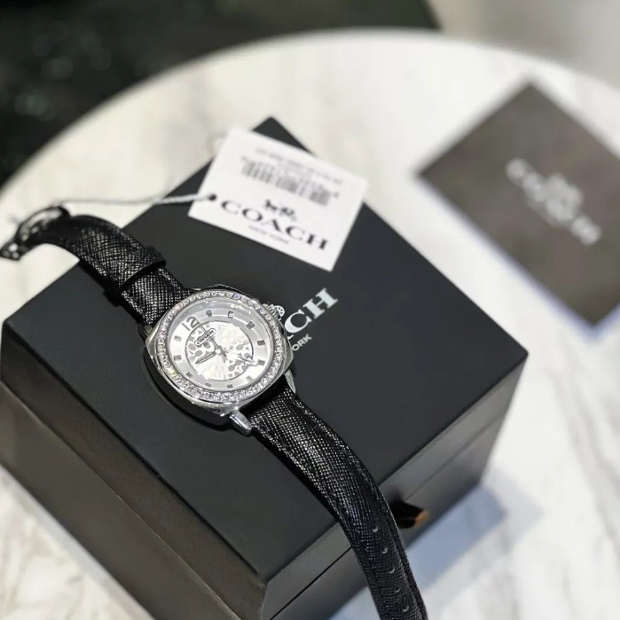 Đồng hồ nữ coach boyfriend viền hạt, dây da màu đen / trắng , size 35mm