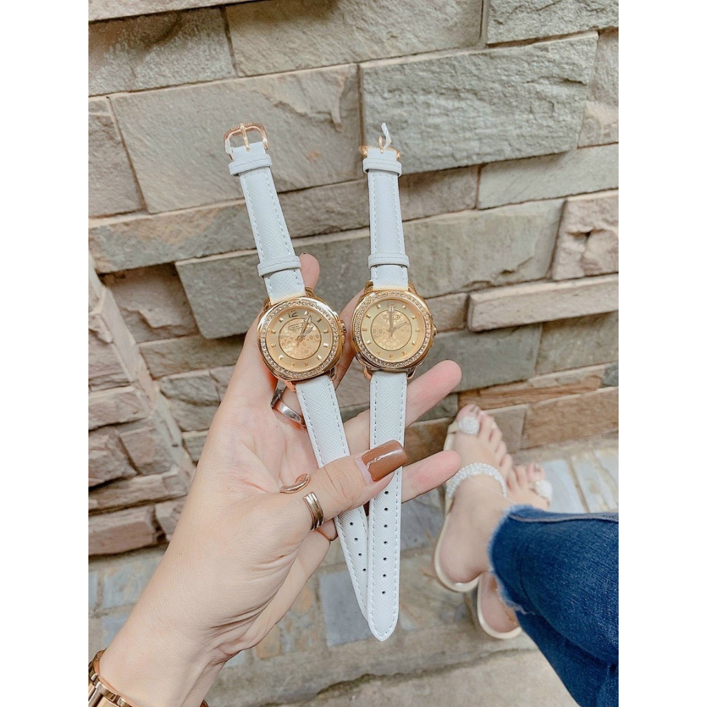 Đồng hồ nữ coach boyfriend viền hạt, dây da màu đen / trắng , size 35mm