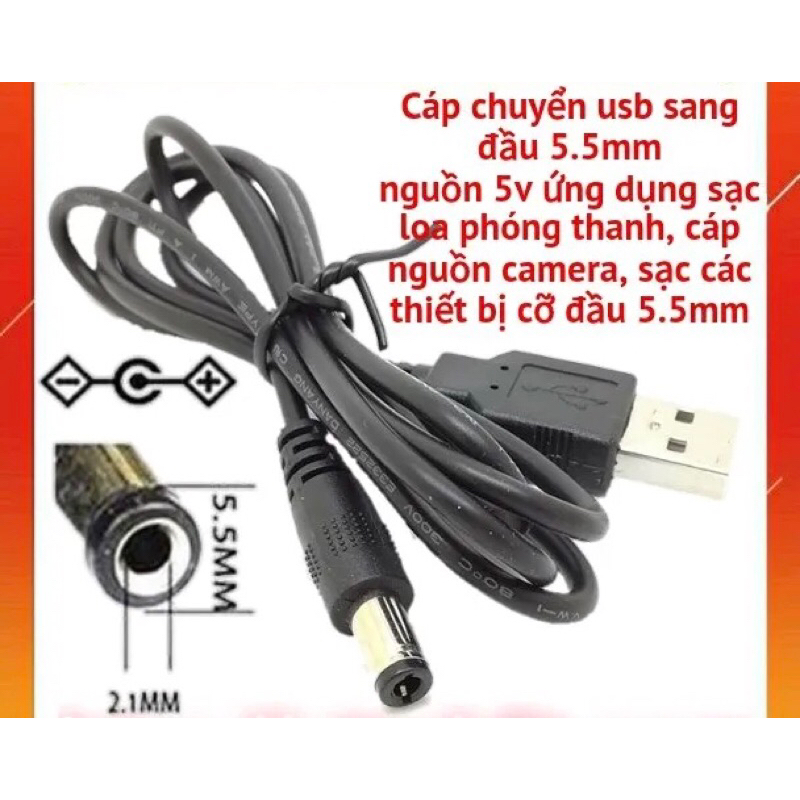 Cáp kết nối USB sang nguồn DC 5V 5.5*2.1mm Cáp sạc loa phóng