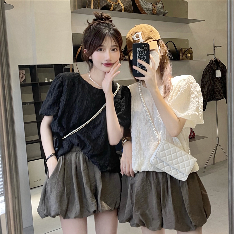 Áo sơ mi nữ dập xốp phồng cổ tròn xinh xắn, sơ mi nữ kiểu tay ngắn xốp phồng nhẹ mát phong cách Hàn Quốc 6885