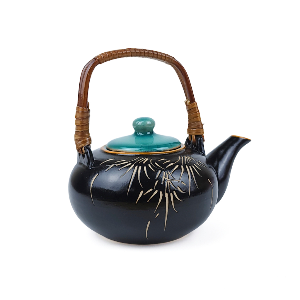 Bộ ấm chén khắc trúc Gốm Sứ Bát Tràng Linh Khang quai mây kèm khay mây