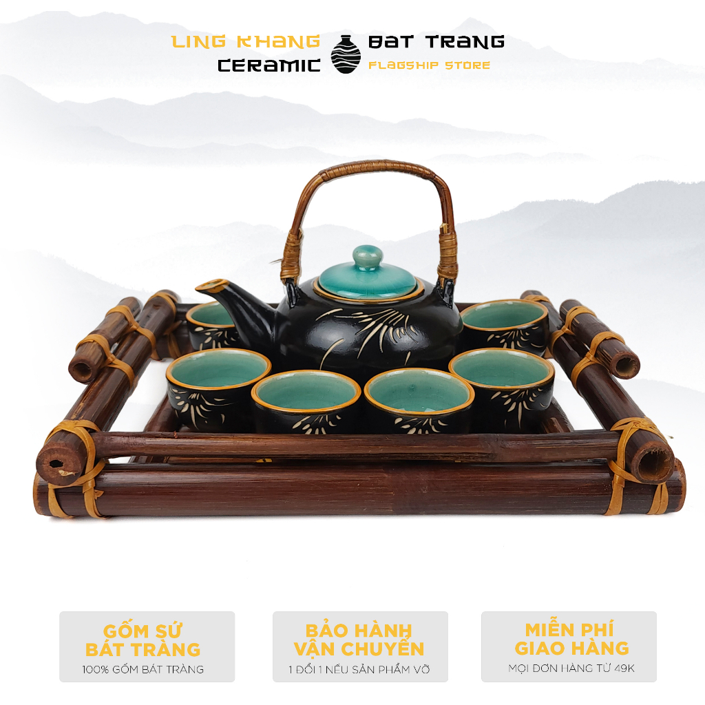 Bộ ấm chén khắc trúc Gốm Sứ Bát Tràng Linh Khang quai mây kèm khay mây