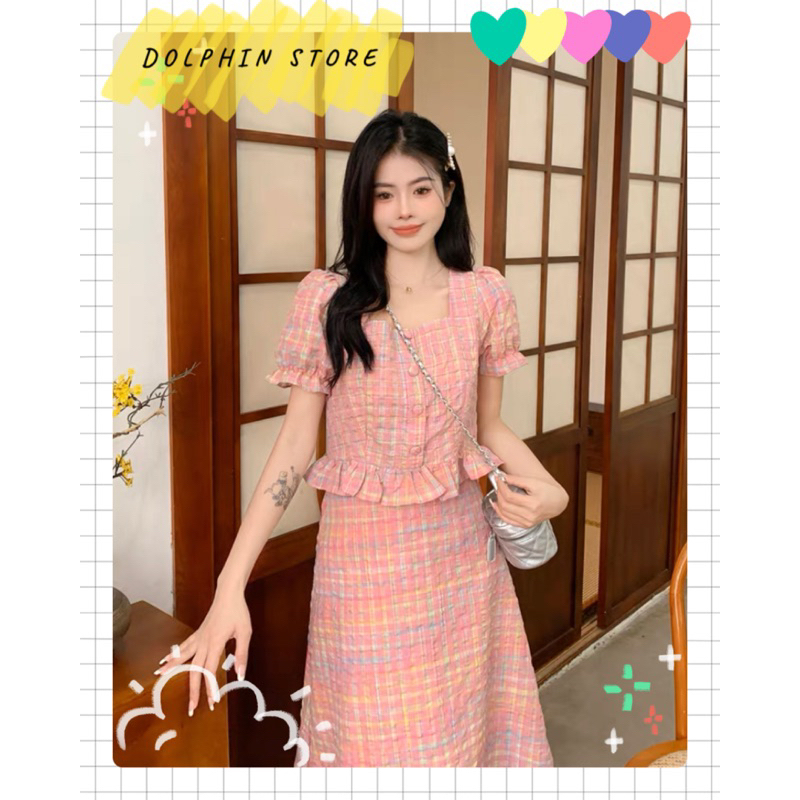 BIGSIZE Set áo caro kèm chân váy dài bigsize