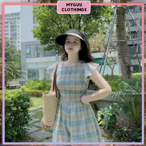 Jumsuits Xanh Kẻ Caro Với Lưng Cánh Tiên Ôm Dáng Kèm Quần Short Đùi, Chất Caro Thô Kẻ Đũi, Sang Chảnh, Dễ Thương - HP56