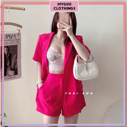 Set Đồ Nữ, Bộ Đồ Nữ, Vest Nữ Với Áo Quây Ngực Trong Kèm Áo Blazer Và Quần Short Cạp Chun Sau Chất Thái Chéo - HP54