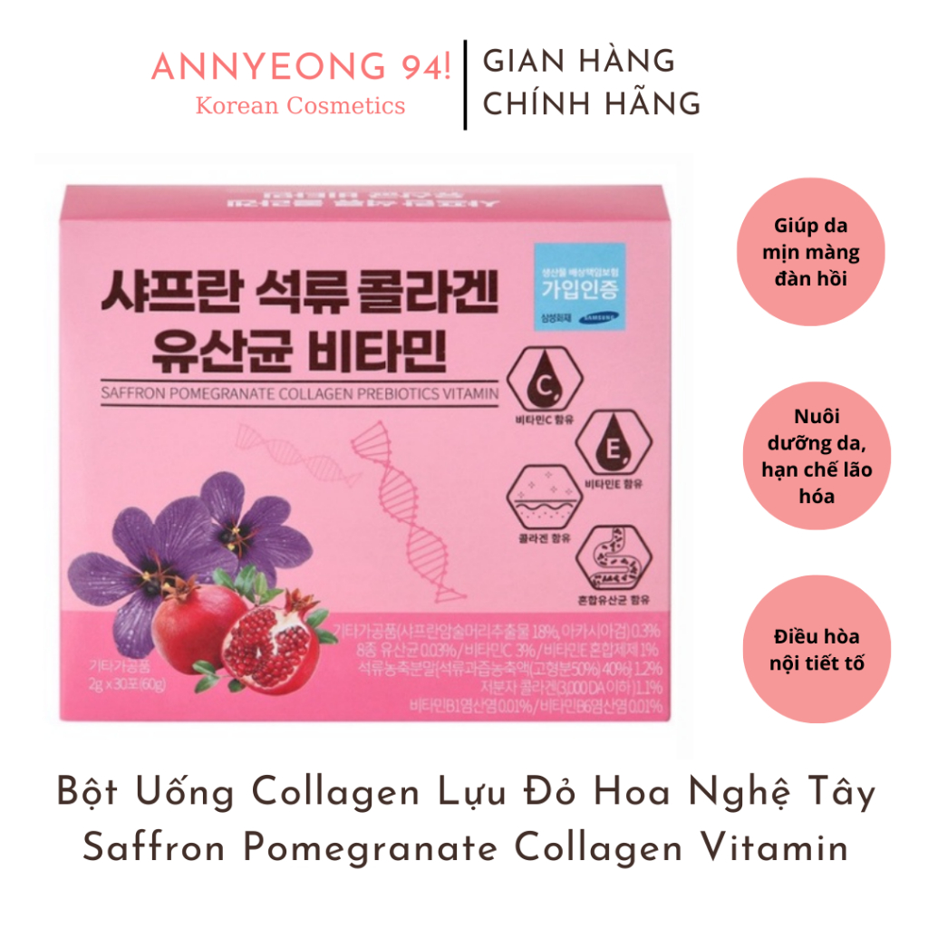 Bột Uống Collagen Lựu Đỏ Nhụy Hoa Nghệ Tây Saffron Pomegranate Bio Cell (Hộp 30 gói)