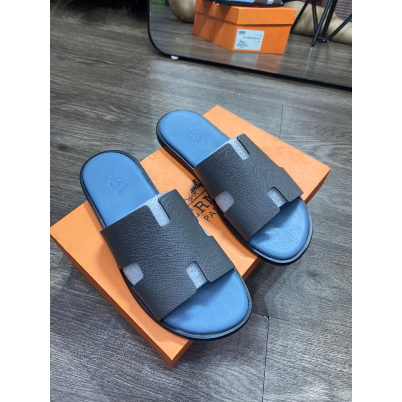 Dép HM bản đế gỗ quai da màu ghi đá trẻ trung hàng fullbox