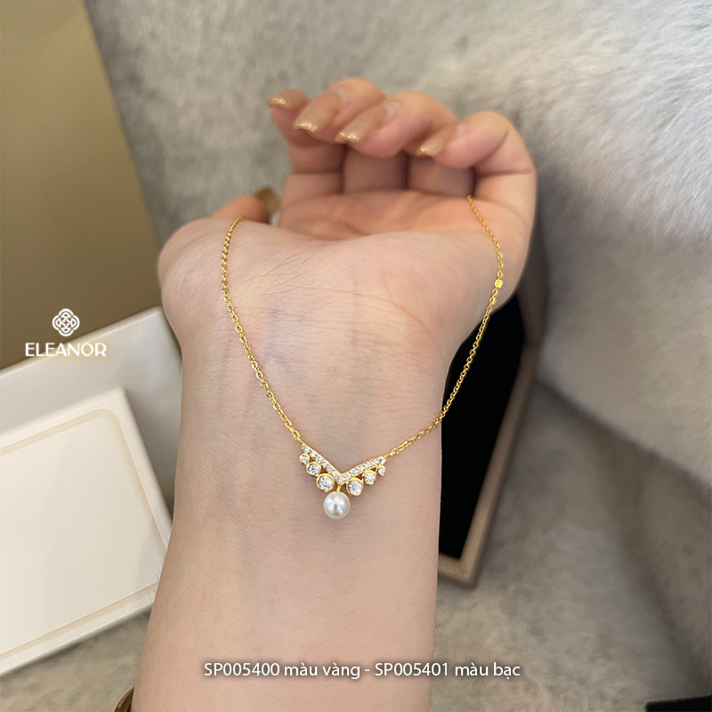 Dây chuyền nữ bạc 925 Eleanor Accessories mặt dáng chữ V đính đá ngọc trai nhân tạo phụ kiện trang sức 5400