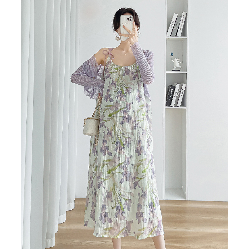 Young Mom | Váy bầu sang chảnh SET157 màu Tím họa tiết hoa sang trọng hàng nhập Quảng Châu