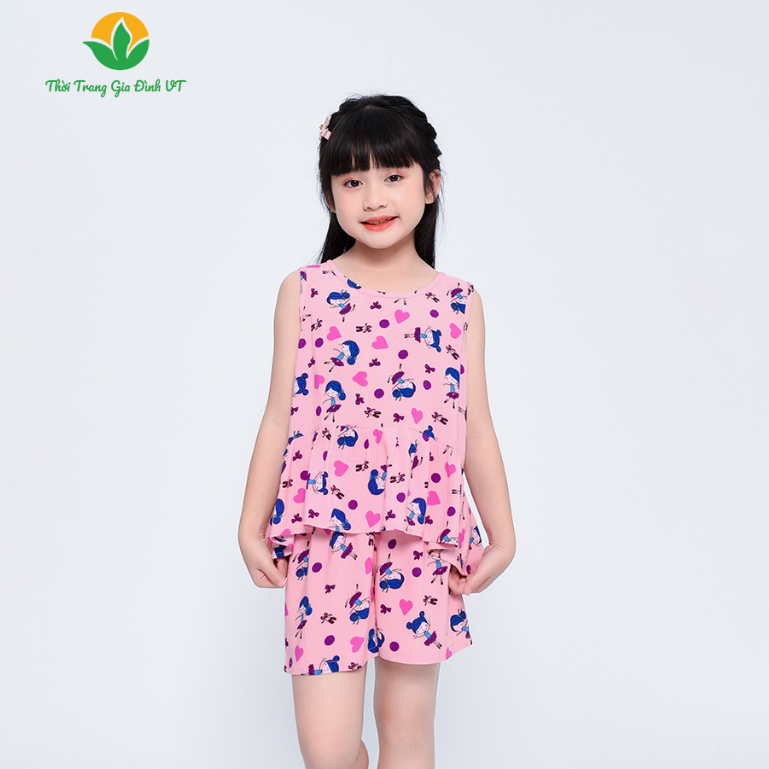 Bộ đồ mặc nhà bé gái thời trang gia đình Việt Thắng mùa hè, quần lửng, áo cộc tay, chất lanh - B62.2304