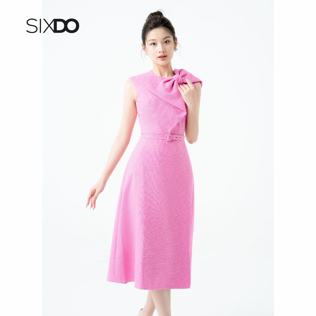 Đầm sát nách dáng xòe phối nơ thời trang SIXDO (Raspberry Sleeveless Midi Raw Dress)