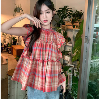 Áo sơ mi nữ tay cánh tiên caro đỏ dễ thương, sơ mi nữ kiểu cổ tròn kẻ sọc hàn quốc 9338