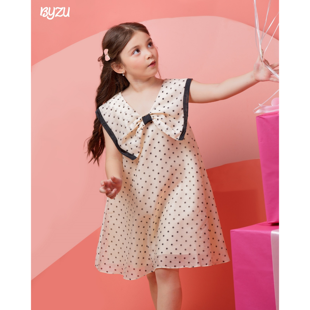 Đầm Bé Gái BYZU Chất Liệu Tơ Cotton Họa Tiết Chấm Bi, Thiết Kế Nơ To Xinh Xắn VPB2202