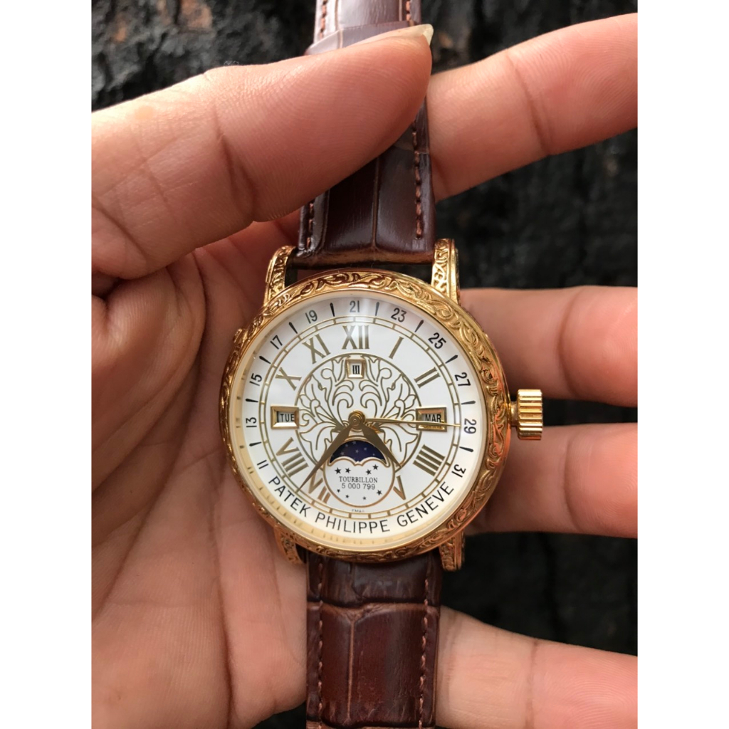 Đồng hồ nam Patek Phillipe Geneve 40mm máy Thụy Sĩ cao cấp, mặt sau la bàn, dây da cá sấu cao cấp