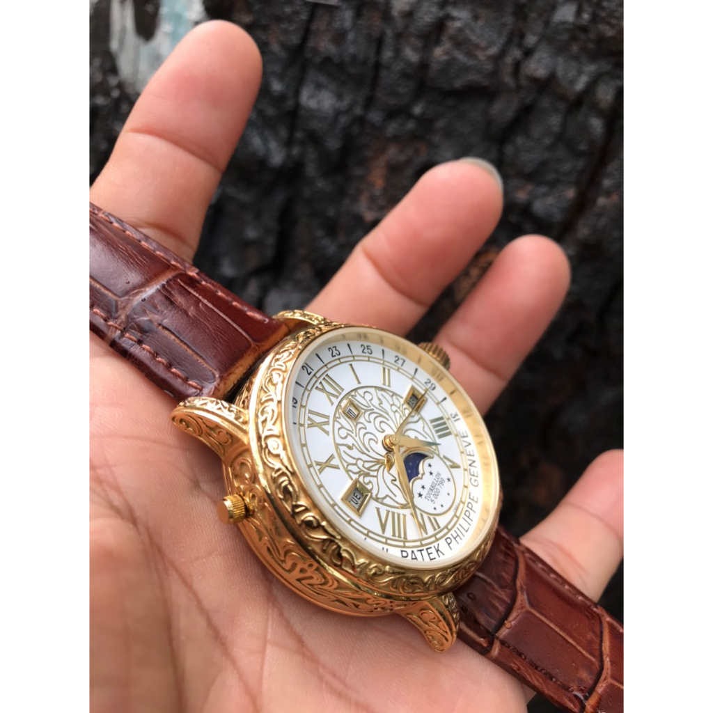 Đồng hồ nam Patek Phillipe Geneve 40mm máy Thụy Sĩ cao cấp, mặt sau la bàn, dây da cá sấu cao cấp