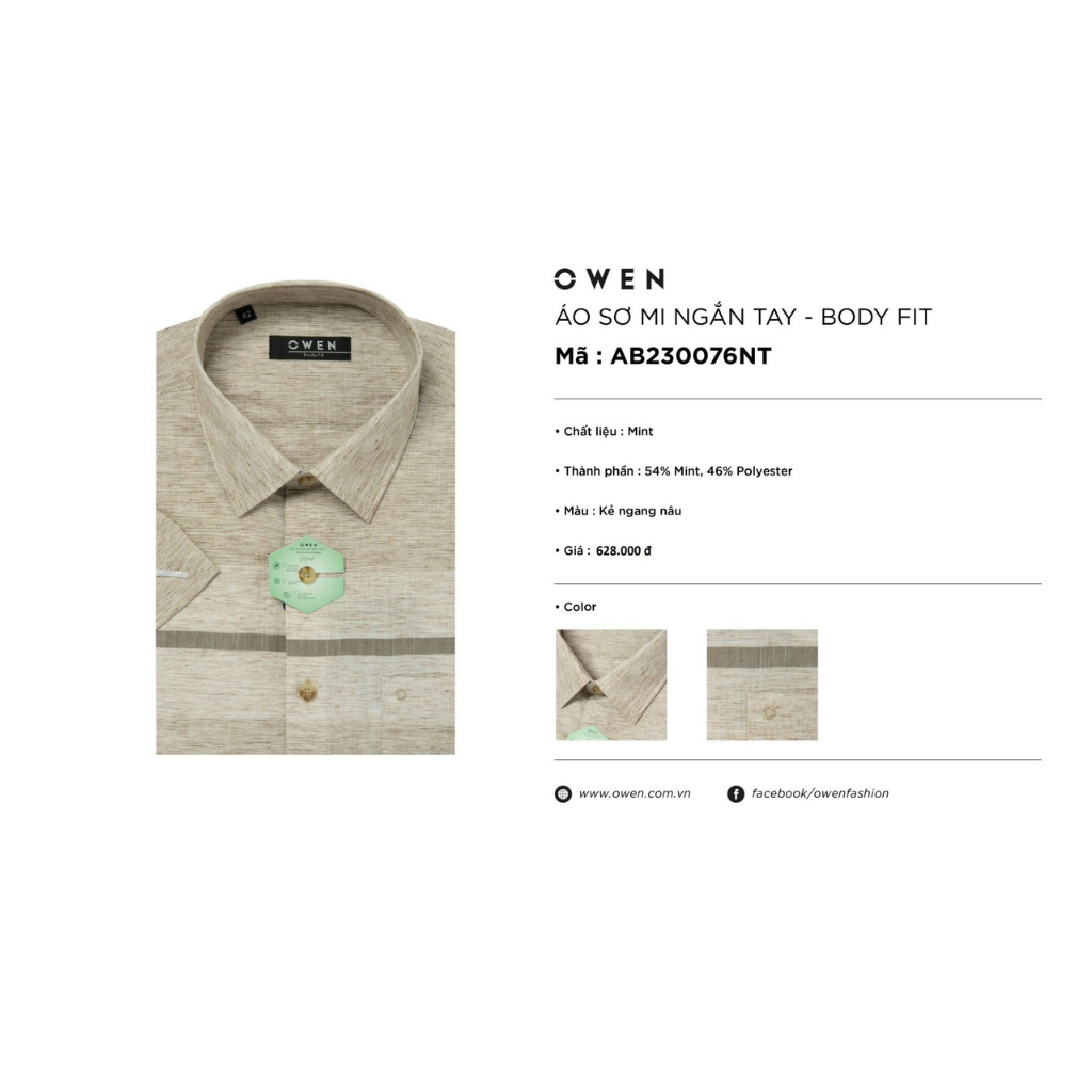 Áo sơ mi owen ngắn tay màu kẻ ngang nâu body fit vạt ngang vải bạc hà AB230076NT