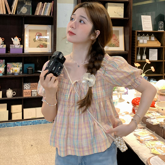 Áo sơ mi nữ tay phồng kẻ sọc cổ vuông babydoll, sơ mi nữ kiểu tay ngắn caro phong cách dễ thương 1408