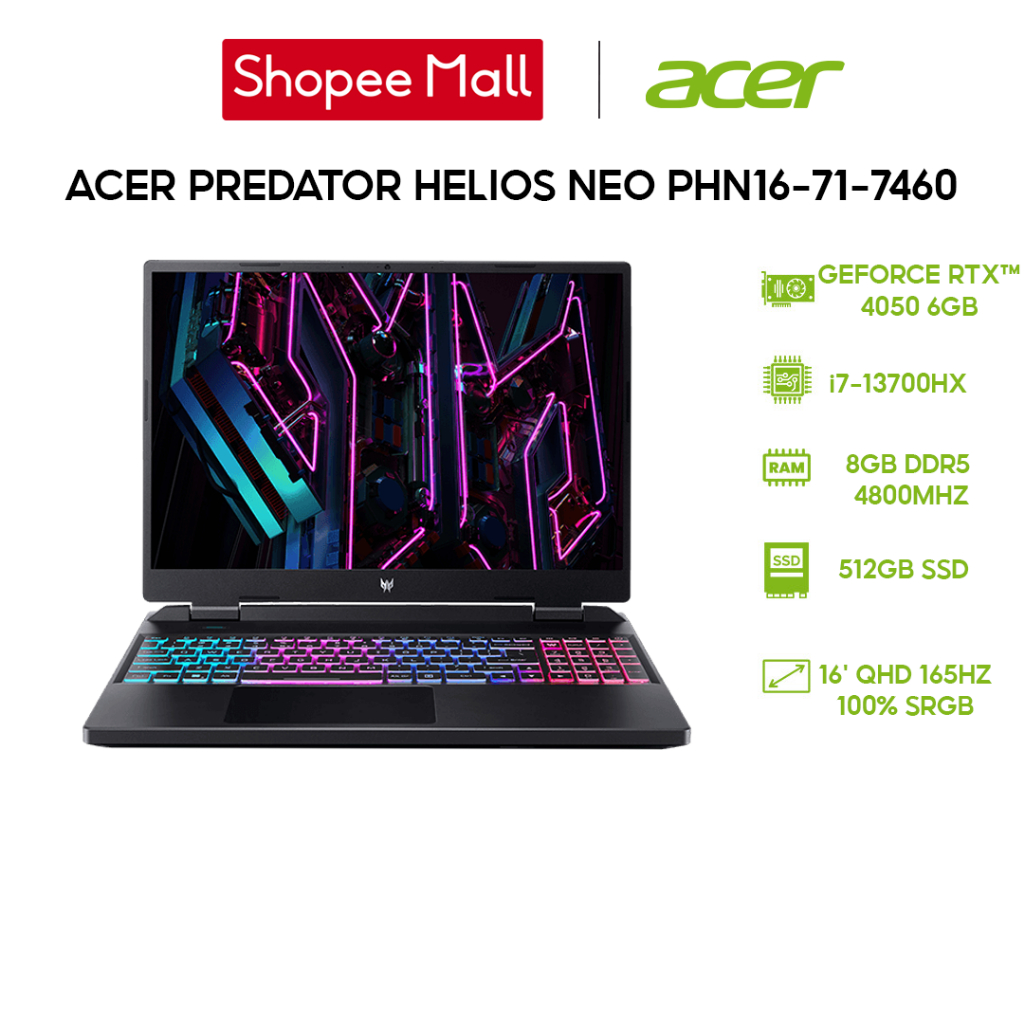 Laptop Acer Predator Helios Neo PHN16-71-7460 i7-13700HX|8GB|512GB|RTX™ 4050 6GB