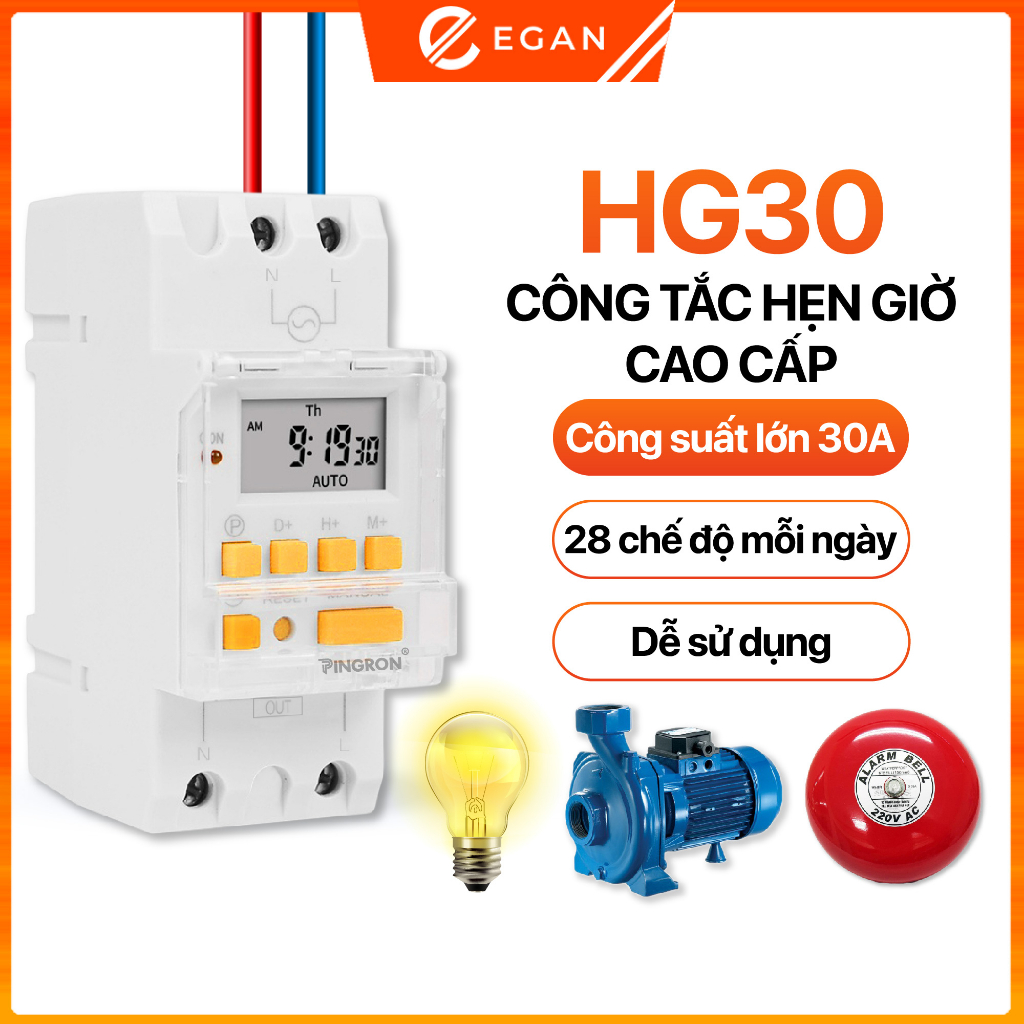 Công tắc hẹn giờ bật tắt điện 220V HG30 công suất lớn 30A, 28 chương trình và có thời gian chính xác