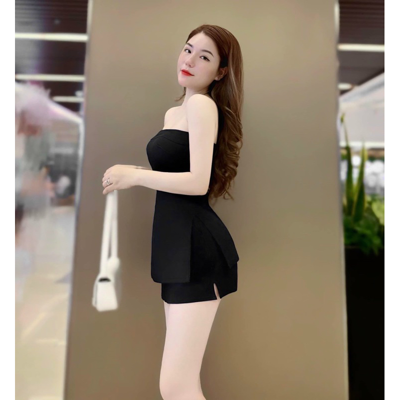 SÉT VÁY NGẮN ÁO CÚP NGỰC XẺ TÀ TKCC KÈM MÚT NÂNG NGỰC: