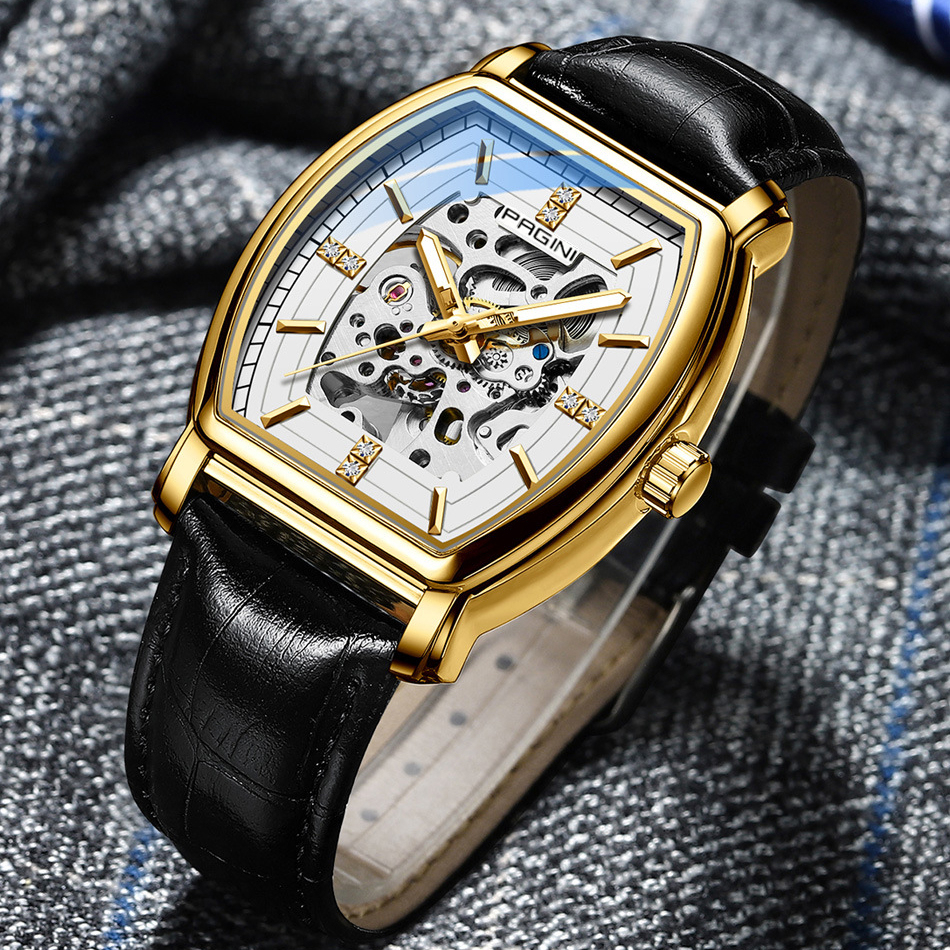 Đồng Hồ Nam Cơ Pagini Mặt Vuông - Dây Da, Lộ Máy Cao Cấp