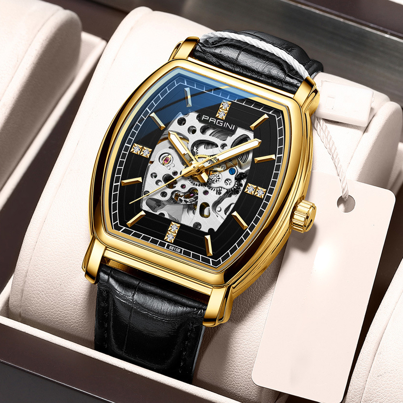 Đồng Hồ Nam Cơ Pagini Mặt Vuông - Dây Da, Lộ Máy Cao Cấp