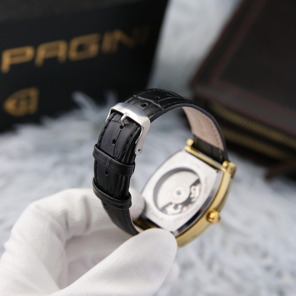 Đồng Hồ Nam Cơ Pagini Mặt Vuông - Dây Da, Lộ Máy Cao Cấp