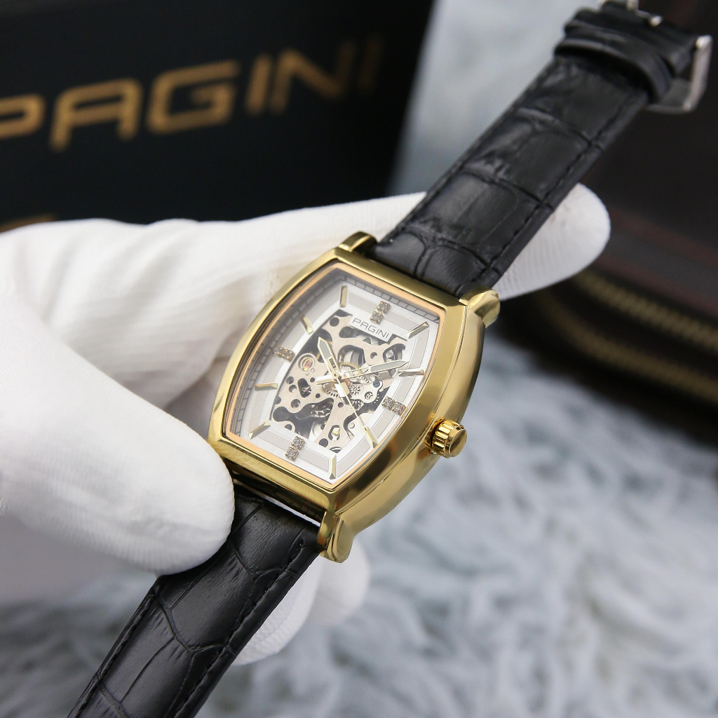 Đồng Hồ Nam Cơ Pagini Mặt Vuông - Dây Da, Lộ Máy Cao Cấp