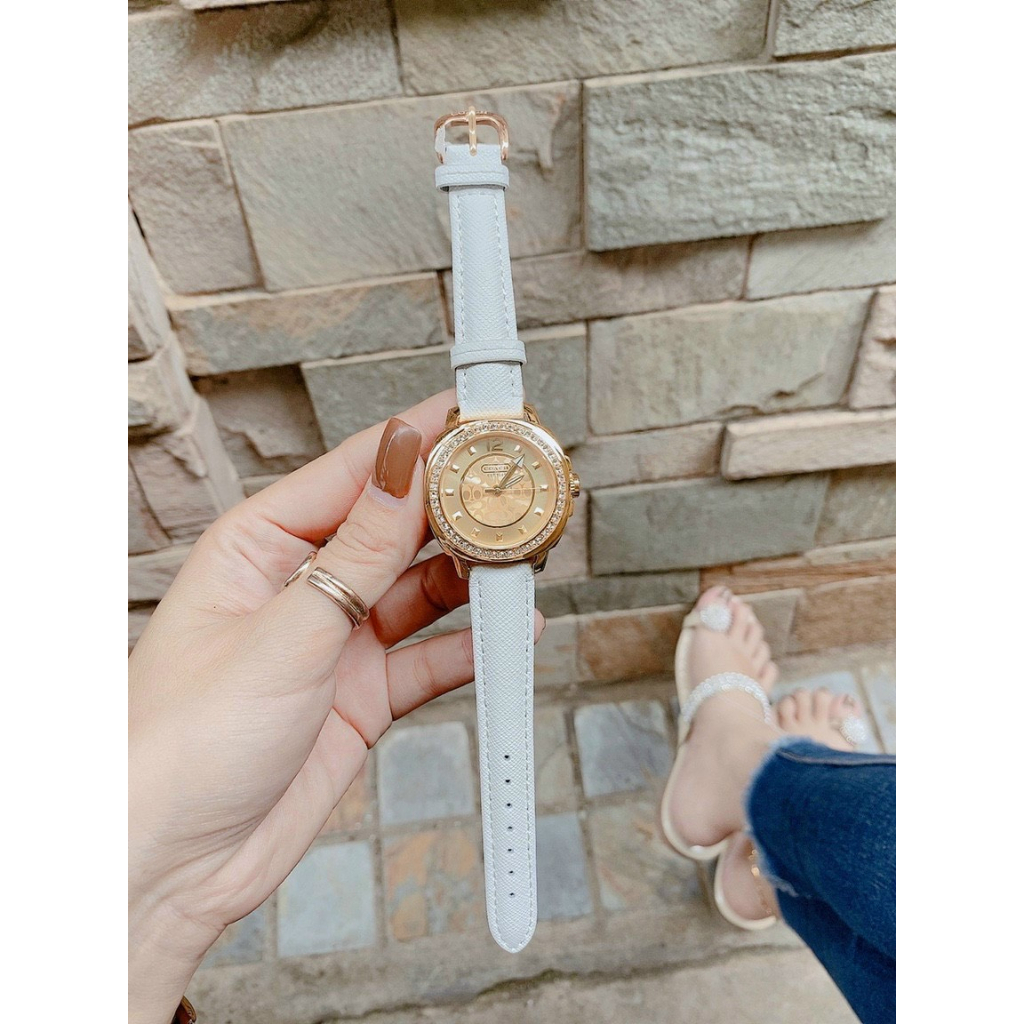 Đồng hồ nữ coach boyfriend viền hạt, dây da màu đen / trắng , size 35mm