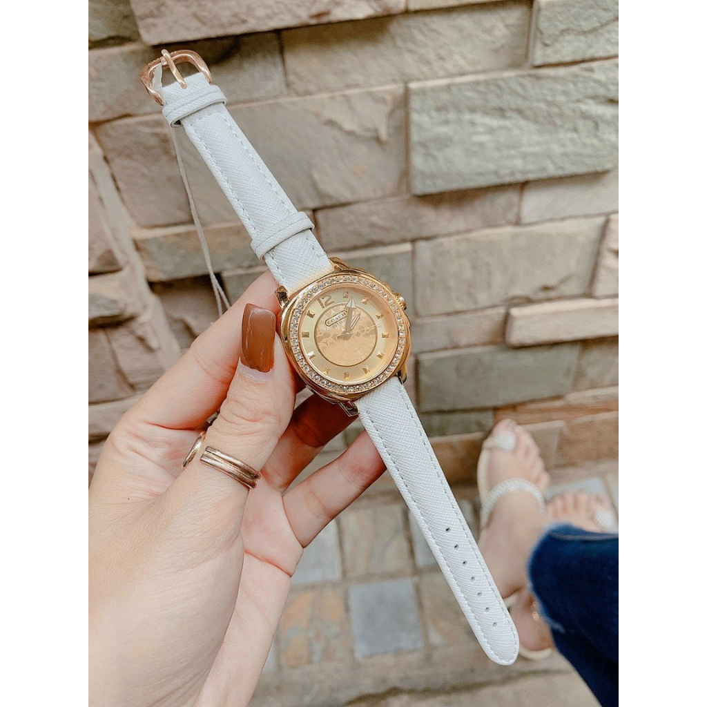 Đồng hồ nữ coach boyfriend viền hạt, dây da màu đen / trắng , size 35mm