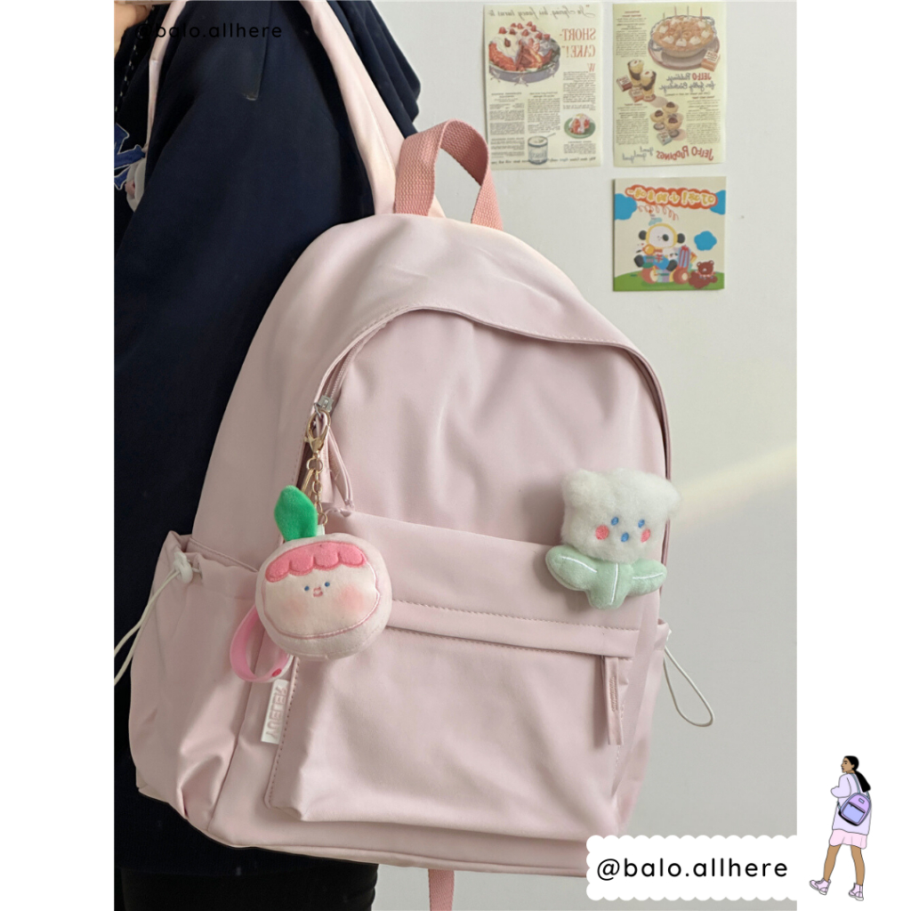 Balo Đi Học Trơn Basic Kèm Ghim Hoa Bông