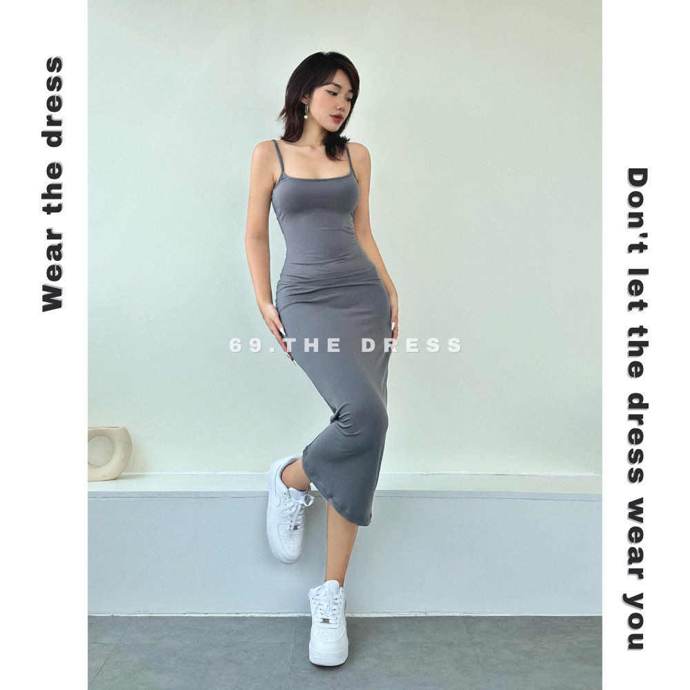 Đầm body nữ hai dây đan lưng lưới chéo dáng dài form basic ôm tôn dáng năng động