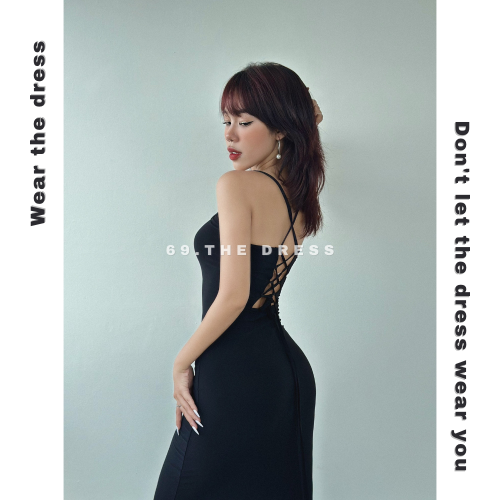 Đầm body nữ hai dây đan lưng lưới chéo dáng dài form basic ôm tôn dáng năng động