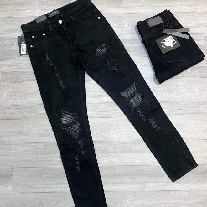 Quần AMIRI Đen Lót Da Đen Nhăn Quần Jean Nam Amiri Skinny Bản Vá Da Chất Denim Dày Dặn