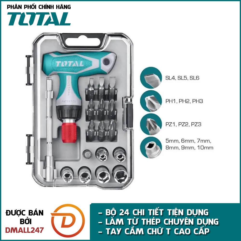 Bộ tua vít 24 chi tiết đa năng TOTAL TACSD30186 - Có hộp đựng, nhỏ gọn, thép chuyên dụng CR-V, tay cầm nhựa chữ T