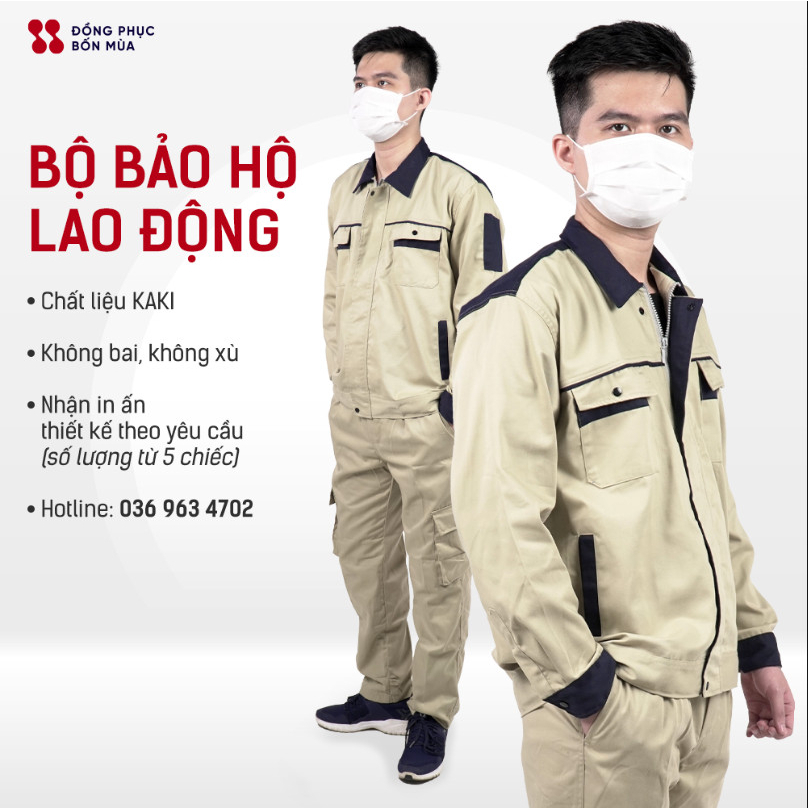 Quần áo bảo hộ lao động thương hiệu Đồng Phục Bốn Mùa chất vải kaki 3/1 phối màu dày dặn, bền bỉ đẹp sẵn hàng kèm video