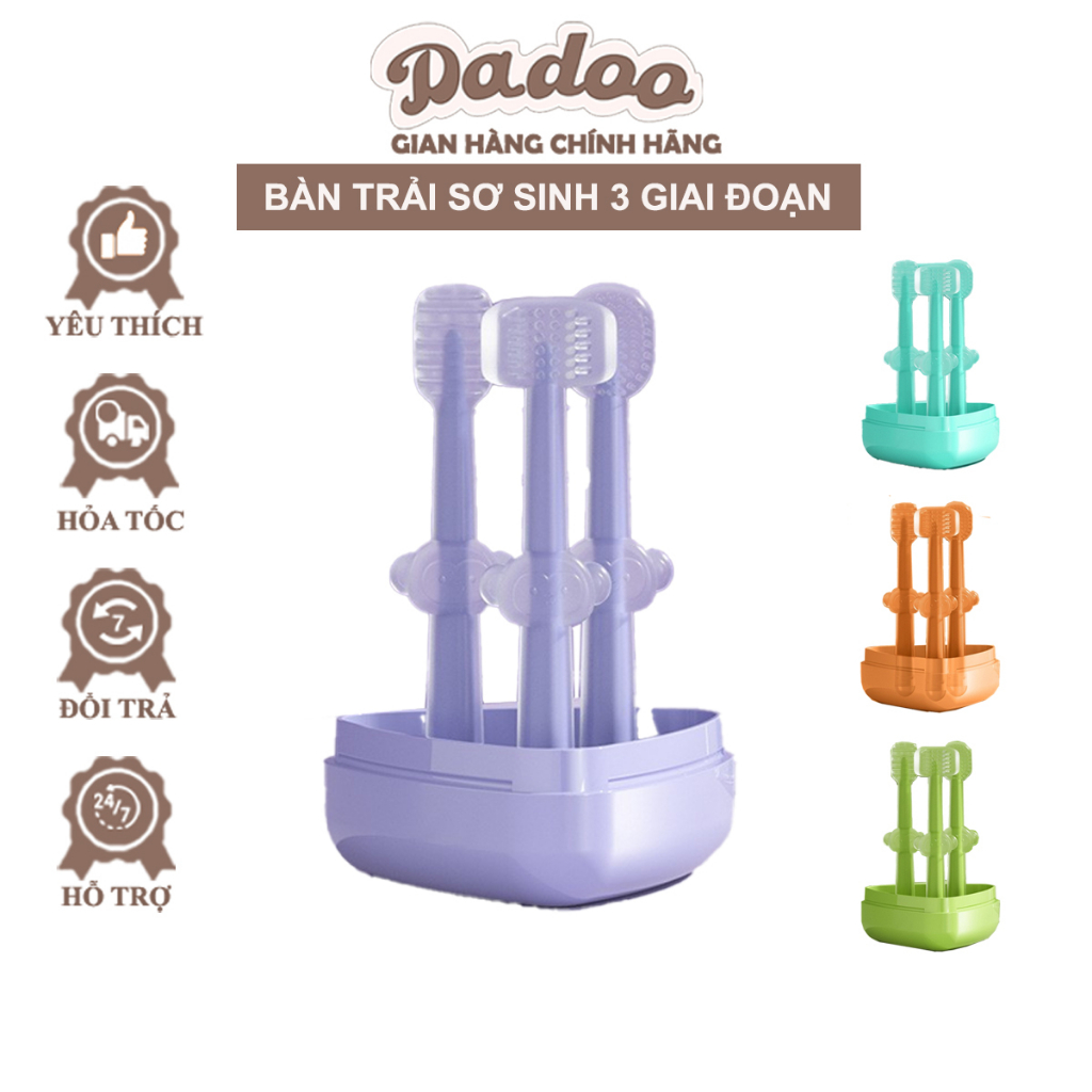 Set 3 Bàn Chải Rơ Lưỡi Silicone 3 Giai Đoạn Phát Triển Răng Nướu Hogokids Có Hộp Đựng Cho Bé Từ 0-18m DADOO