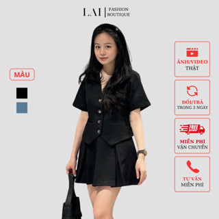 Set vest nữ cộc tay cổ V set blazer kèm chân váy xếp ly có quần trong sang chảnh áo có đệm vai