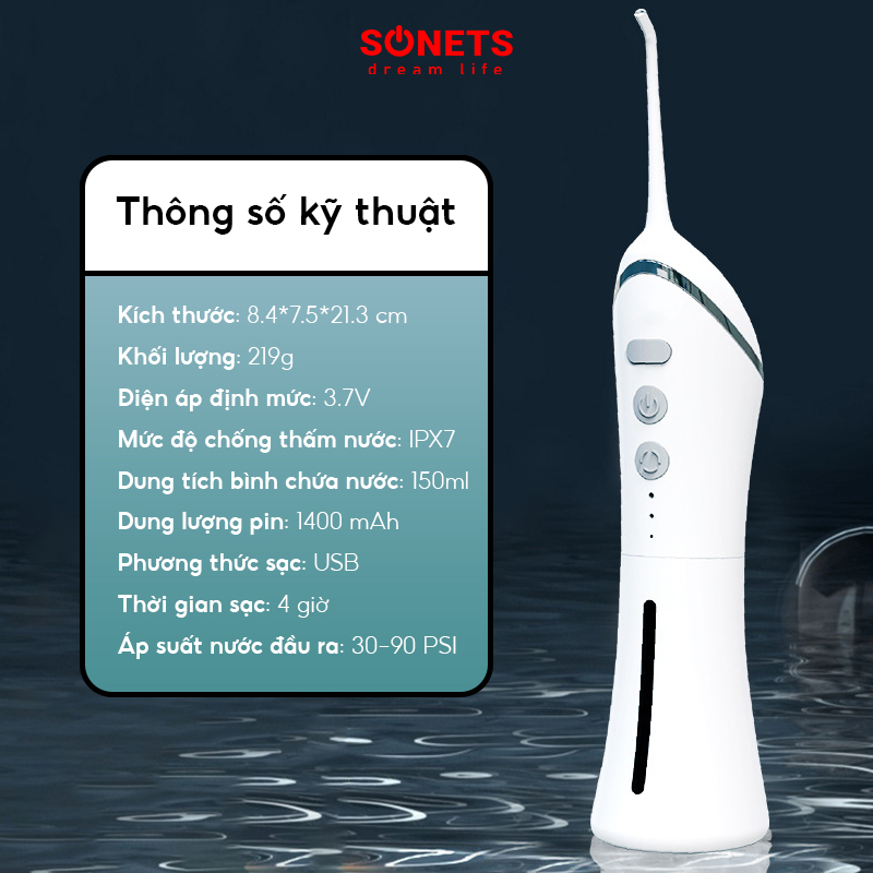 Tăm Nước Nha Khoa SONETS Zinso, Máy Tăm Nước Cầm Tay Cao Cấp 3 Chế Độ, Thân Máy Chống Nước IPX7 Pin 1400mAh